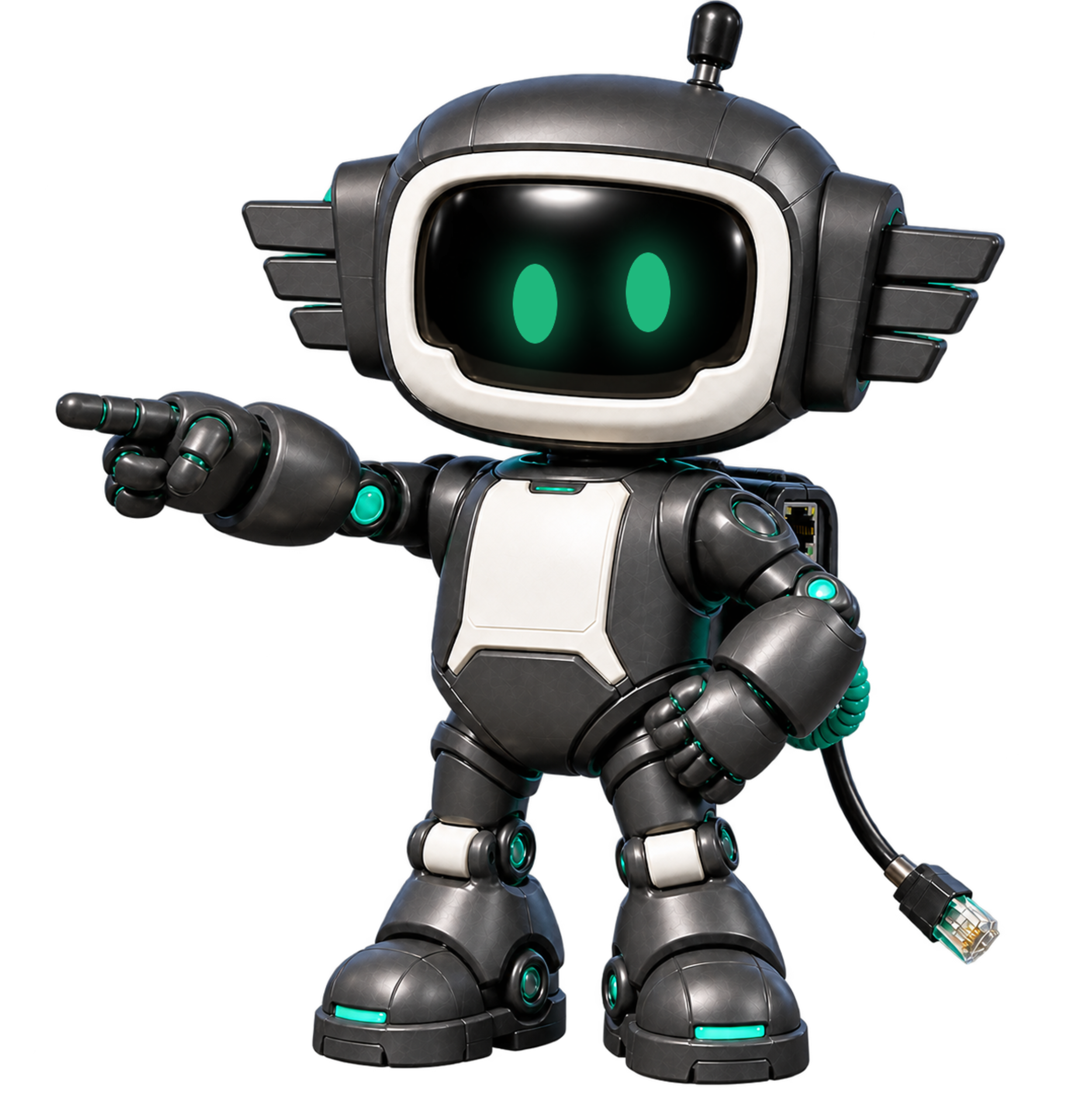 Bit, de Frag-o-Matic mascotte, wijst naar de survey